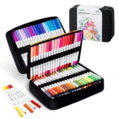 Ohuhu Pupe Paper-friendly (No Peeling) Brush and Fineliner Dual Tips 120 Colors Water-based Coloring Markers