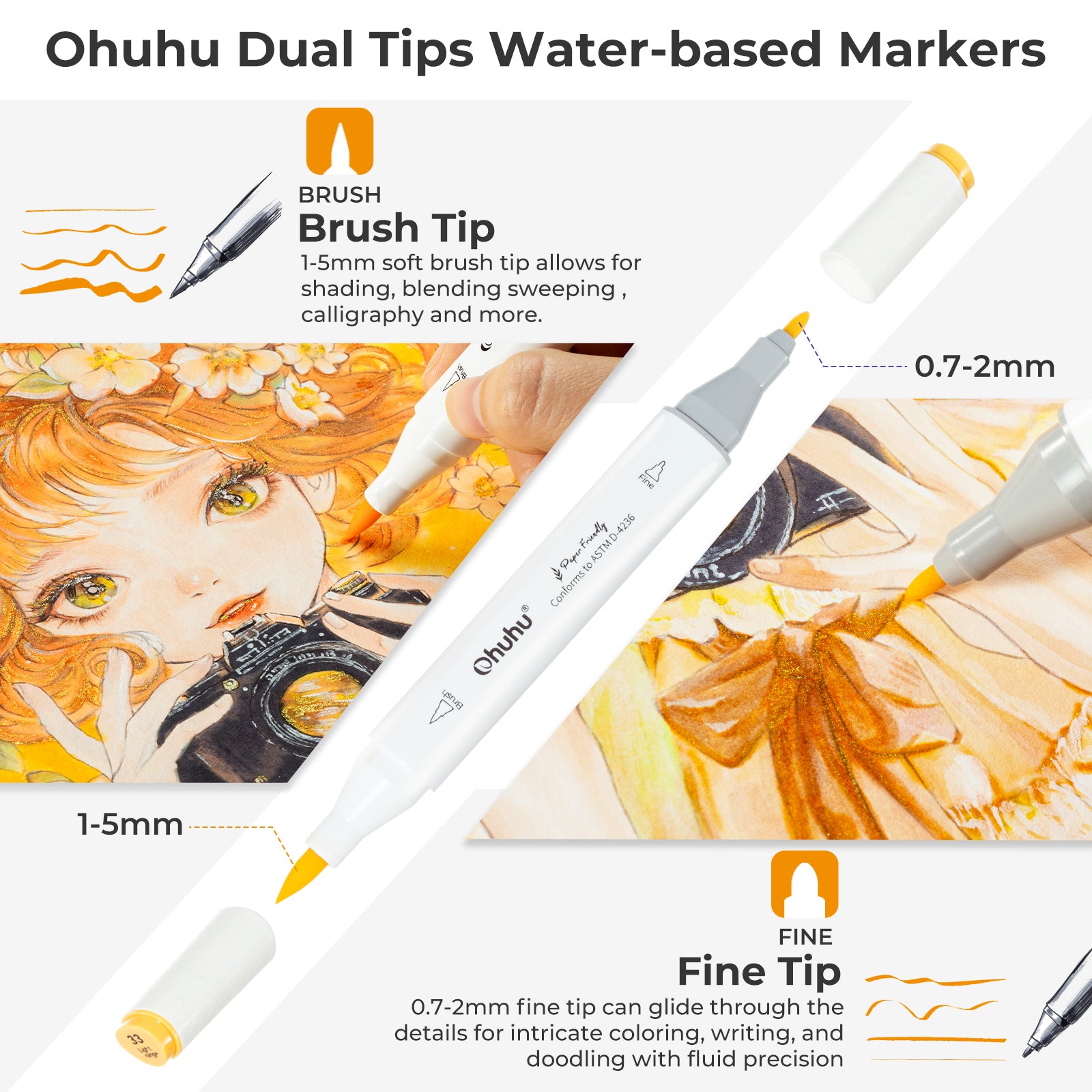 Ohuhu Paper-friendly (No Peeling) Markers Water-based 60 Colors - Image 6