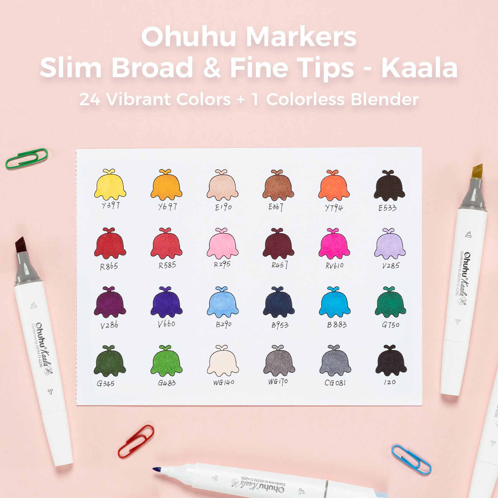 Ohuhu Kaala Slim Broad and Fine Dual Tips Alcohol Art Markers - 24 Basic Colors - Image 27